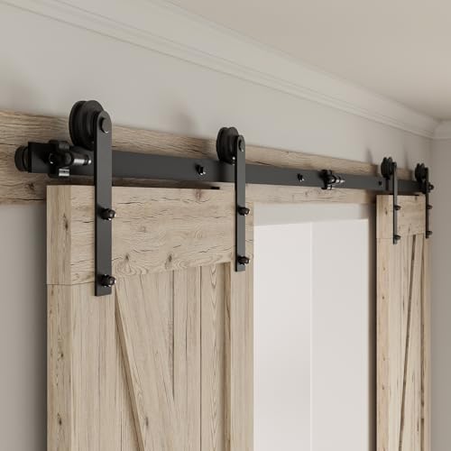 CCJH 6FT Sliding Barn Door Hardware Kit, Heavy Duty, Smoothly and Silently, Easy to Install, Fit 18" Width Double Door Panel, I Shaped Hangers Black