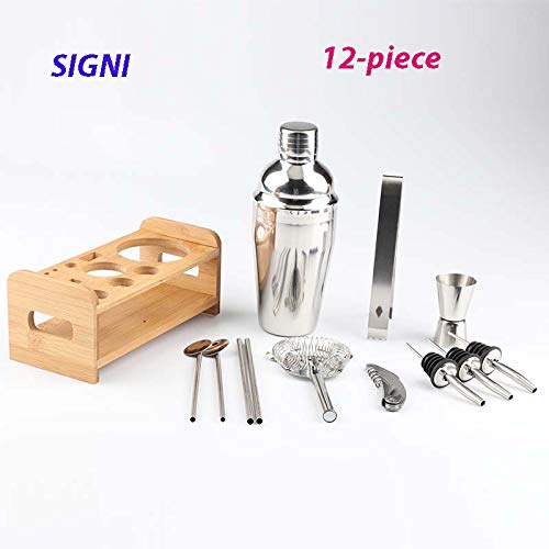 Signi 12-PIECE Cocktail Shaker Sets Martini Bartender Kit Premium Stainless Steel Bar Set with Bamboo Stand - 18 oz Parisian Cocktail Shaker with Bar Accessories (550ml)
