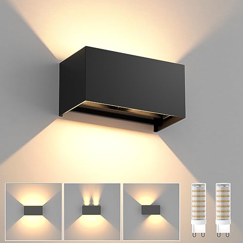 YrgePowk Aplique pared LED Con G9 LED Bombillas Reemplazables, 18W Lampara de pared Interior/Exterior Blanco Cálido 3000K Aplique Pared Exterior Impermeable IP65 Ángulo de haz Ajustable Negro