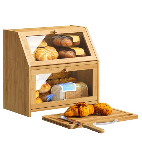 BMOSU Bread Box with Cutting Board Kitchen Bread Storage Organizer Farmhouse Countertop Bread Box Double Bamboo Wood Bread Box(Natural)