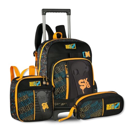 Kit Mochila Carrinho com Lancheira Térmica e Estojo Escolar Infantil SkateBoard