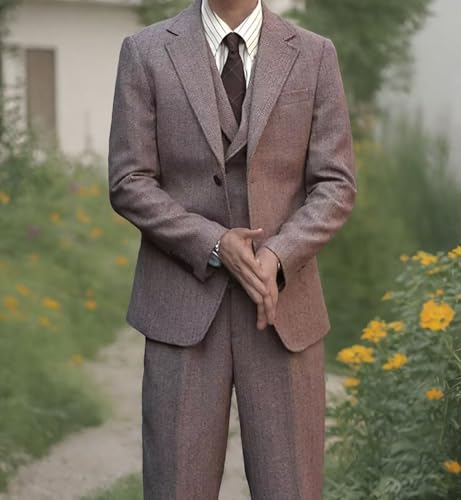 Men's Herringbone Tweed Suits 3 Piece Wedding Business Casual Suit Tuxedo Jacket Vest Pants3