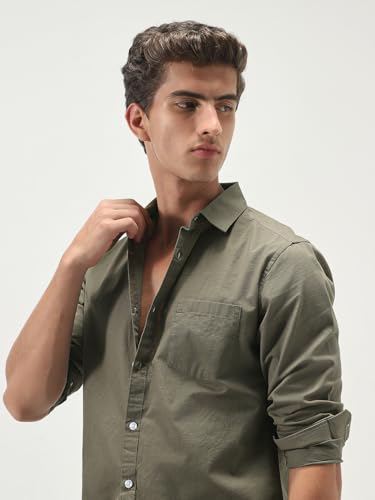 Image of Urbano Fashion Men's Cotton Full Sleeve Regular Fit Casual Solid Slub Shirt with Spread Collar