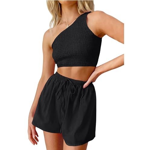 watersouprty Conjunto feminino de verão com 2 peças, shorts de cintura alta One Soulder, Preto, X-La