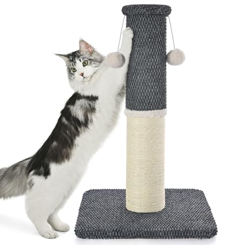 Made4Pets Tall Cat Scratching Post, Heavy Duty and Thicker Scratching Posts for Indoor Cats Adults, 23.6' Natural Sisal Cat Scratcher with Hanging Balls, Sturdy Base Cat Scratch Post, Dark Grey