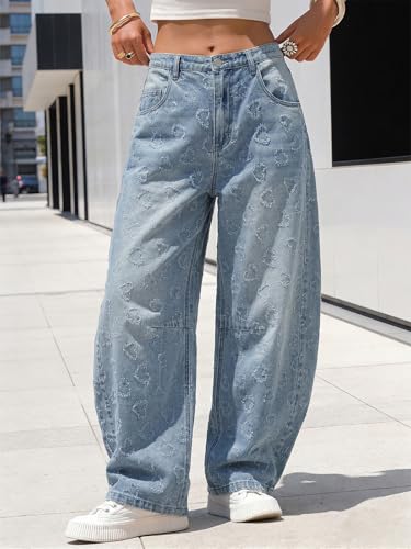 Image of EXLURA Womens Barrel Jeans Wide Leg Y2K Boyfriend Denim Pants Hip Hop Vintage Baggy Jeans Cotton Mid-Low Elastic Waist Pants