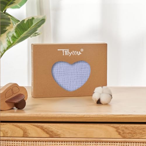 Image of TILLYOU Muslin Mini Crib Sheets 2 Pack, Pack and Play Mattress Sheets Fitted for Pack N Play, 38 x 26 Sheet for Toddler, Grey and Blue