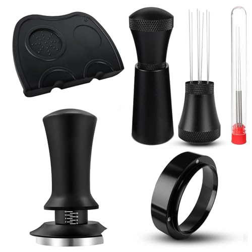 5PCS Coffee Accessories Set 51mm, Food Grade Stainless Steel Espresso Tamper Kit, Tamper Mat, Dosing Funnel, WDT Tool,Spring-Loaded Tamper Flat Steel Base for Espresso Coffee Machine, Black