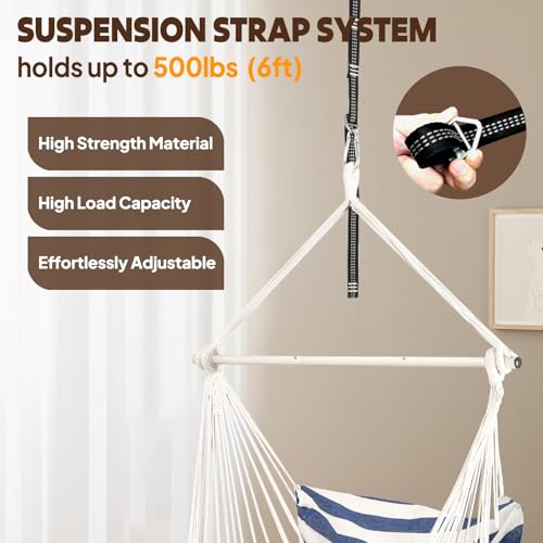 Image of Chihee Hammock Chair Hanging Chair with Foot Rest 2 Cushions Max 500lbs Robust Metal Spreader Bar Collapsible Easy Storage Soft Cotton Swing Chair Strong Strap Iron Carabiner Side Pocket Included