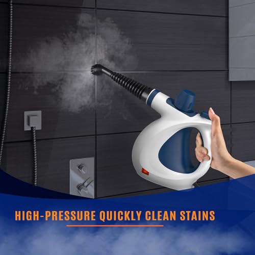 Image of Pressurized Handheld Multi-Surface Natural Steam Cleaner with 12 pcs Accessories, Multi-Purpose Steamer for Home Use, Steamer for Cleaning Floor, Upholstery, Grout and Car (White&Blue)