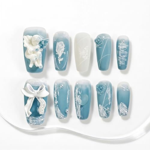 Sun&Beam Nails ハンドメイド ネイルチップ ミディアム バレリーナ コフィン ブルー ホワイト フラワー パール #008 M | ライトブルーとホワイトに立体フラワーとパール調の装飾を重ねた、マットな海洋カラーのミディアムデザインです。 | Sun&Beam Nails 1