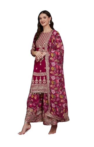 Ensemble kurti haut de gamme avec sharara palazzo et dupatta aux détails raffinés