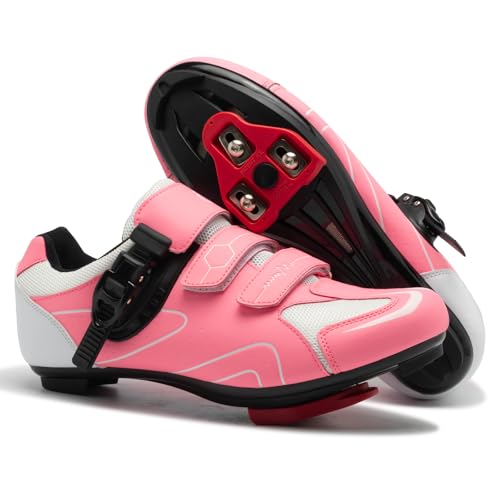 Cycling Shoes for Men Women Compatible with Peloton Bike, Indoor Spin Shoes with Pre-Installed Delta Cleats, Comfortable & Safe Unisex Outdoor Road Cycling Shoes A-Pink