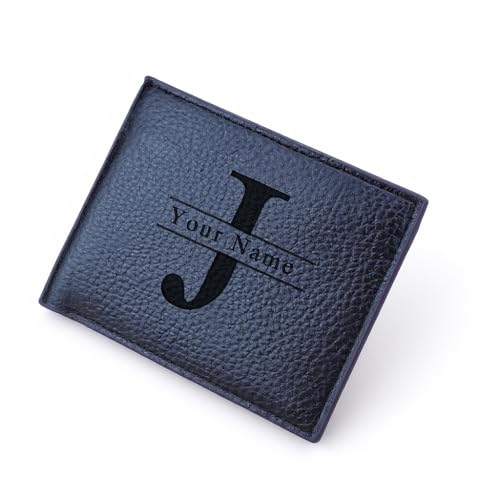 Personalized Leather Wallet for Men, Name Engraved Mens Slim Bifold Wallet Designer, Custom Gifts for Father, Husband, Grandpa, Fathers Day, Anniversary, Birthday, Graduate (Name Customization)