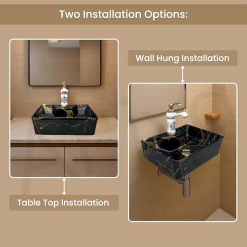 Image of Artiva Designer Ceramic Table Top Wash Basin For Bathroom /Wall Mounted Bathroom Sink /Wall Hung Washbasin /Black Wash Basin For Cabinet, Countertop, Vanity (Porto Black 16 x 12 x 5 Inch)