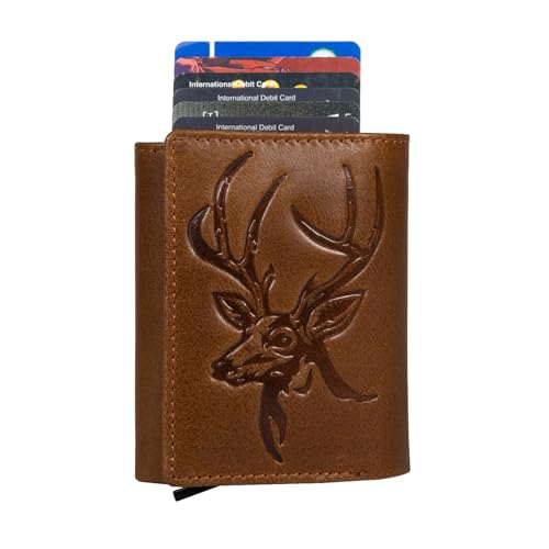 Image of Men's Genuine Leather RFID Wallet | Premium Slim Red Wallet for Men with Deer 3D Print | 8 Card Slots Secure and Durable Design |Casual Stylish | Formal & Gifting Use, Tan and Silver