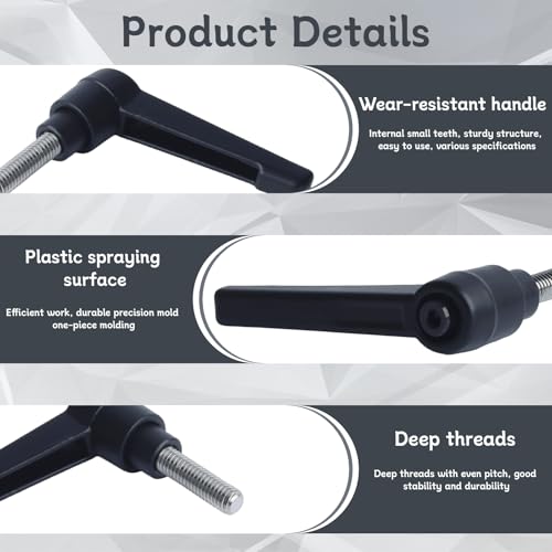 Image of Clamping Lever Handles with Quick Release Push Button Locking, 304 Stainless Steel M6 x 20mm Stud - Black (6 Pack)