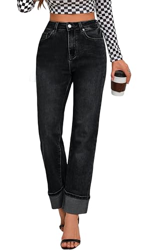 Womens Jeans High Waisted Stretchy Straight Leg Jeans for Women Tummy Control Trendy Cute Ankle Fold Hem Jeans Pants
