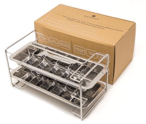 Ecozoi Stainless Steel Ice Cube Tray - 2 Pack of 18-Slot Metal Ice Cube Trays with Easy Release Lever - Plastic-Free, Eco-Friendly, Stackable Retro Vintage Ice Trays for Bars & Kitchens