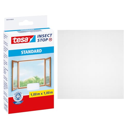 tesa Insect Stop Klett Fliegengitter für Fenster - Insektenschutz mit Klettband, zuschneidbar - Mückenschutz ohne Bohren - 1 x Fliegen Netz - 100 cm x 100 cm - Weiß