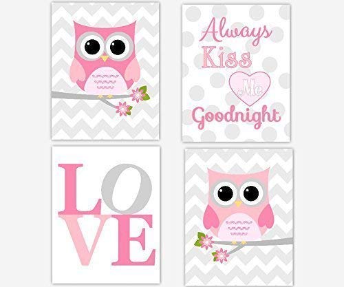 Amazon Com Owl Baby Girl Nursery Art Pink Gray Chevron Love Always Kiss Me Goodnight Quote Branch Flowers Heart Decor Handmade
