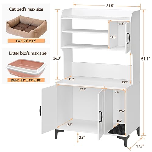IDEALHOUSE Cat Litter Box Enclosure with Shelves and Doors,Wood Sturdy Hidden Litter Box Furniture,Indoor Cat House Furniture for Most of Litter Box,Litter Box Cabinet,White