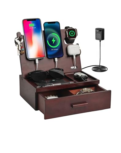 Nightstand Organizer with Drawer Built in 4 USB Charger, Wood Phone Docking Station with Dual Phone Charging Station for Apple Android Phones Anniversary Birthday Gifts for Men Dad Hunsband Mom