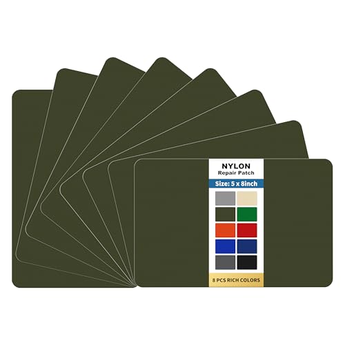 KING MOUNTAIN Self Adhesive Nylon Fabric Repair Patch, 5×8 Inches 8 Pcs, Quick Down Jacket Repair Patch, Waterproof Outdoor Gear Patch Kit for Tent,Backpacks,Umbrella, Gloves(Army Green)