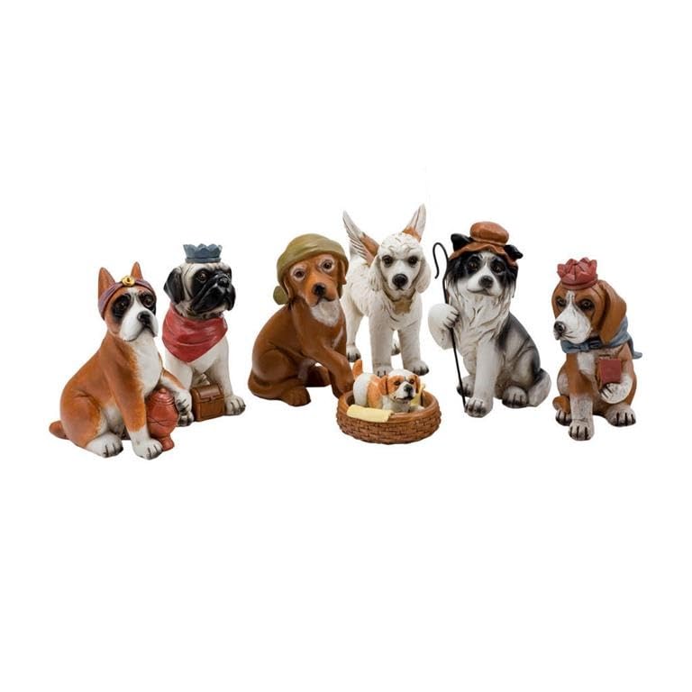 DRW Belén Misterio de Perros 10 cm de Resina Pintado a Mano formado por 7 Piezas