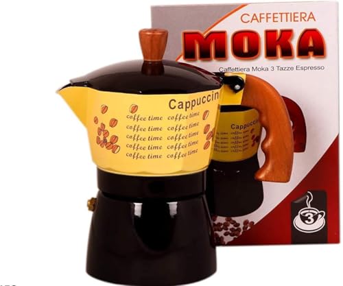 Image of 3 Cup Moka Pot Coffee Maker for Kitchen | Cappuccino & Espresso Stovetop Brewer | Italian Style Aluminium with Heat Resistant Handle | Gas Stove Compatible | Yellow & Black
