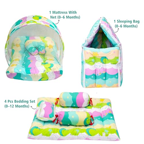 Image of Fareto Combo of Baby Bed with Net | Carry Bag | 4 Pcs Bedding Set (0-6 Months, Baby Size, Cotton) (Pista NEW Star)