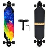 WIN.MAX Longboard Skateboard, 7-lagigem Ahornholz Cruiser komplettes Board, mit ABEC-11 Kugellagern und T-Tool (Color Sky)