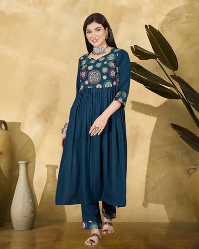 Image of SheWill Women's Mustard American Crepe Zari Sequence Embroidered Alia Cut Kurta with Pant and Dupatta