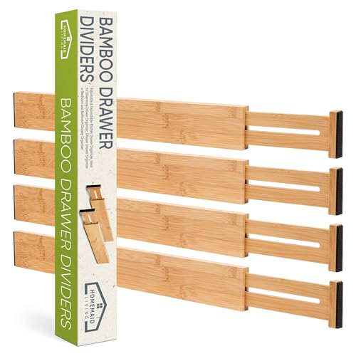 homemaid living bamboo drawer organizer adjustable and expandable - ideal drawer dividers for kitchen, dresser, bedroom and bathroom - expandable drawer organizer set of 4 - water-resistant finish