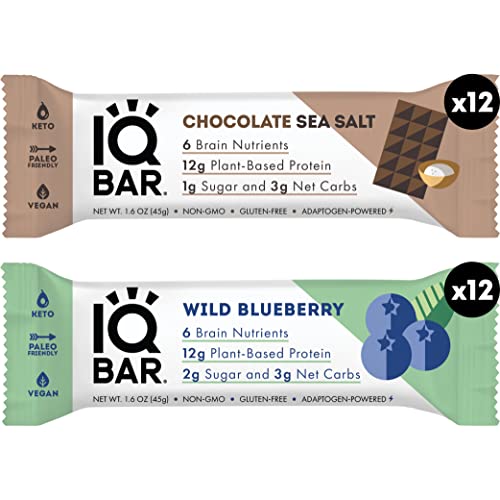 Iqbar Brain And Body Keto Protein Bars - Chocolate Sea Salt And Wild Blueberry - 12 Count Energy Bars - Low Carb Protein Bars - High Fiber Vegan Bars Low Sugar Meal Replacement Bars #TOP1