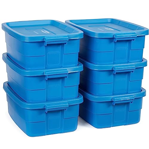 Image of Rubbermaid Roughneck Tote 10 Gal, 6 Pack, Made in USA, Heritage Blue, Rugged Plastic Stackable Storage Bins with Lids and Handles