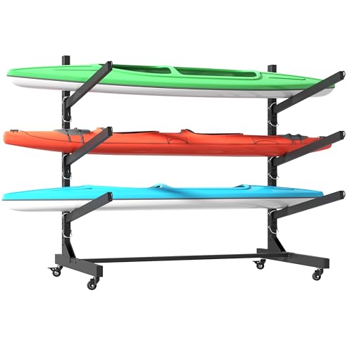 Freestanding Kayak Storage Rack, Heavy-Duty Adjustable Stand with Lockable Wheels for Kayak, Canoe, SUP & Surfboard (Hold 3 Kayaks)