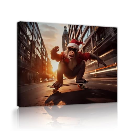 Toile Singe de Noël en Skateboard - Tableau d'art mural original pour grand enfant