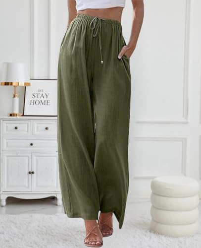 Pantalones de lino para mujer, de pierna ancha, estilo palazzo, casuales, de algodón, para descansar, playa, verano, con bolsillos, Verde, XL Largo