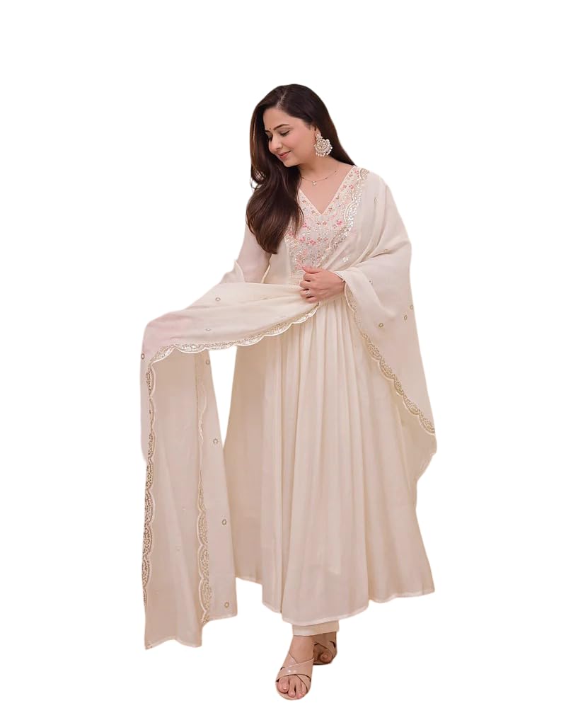 Women's Anarkali Kurta Set with Dupatta, Cream, Embroidered V-Neck, Ethnic Wear-picture-52