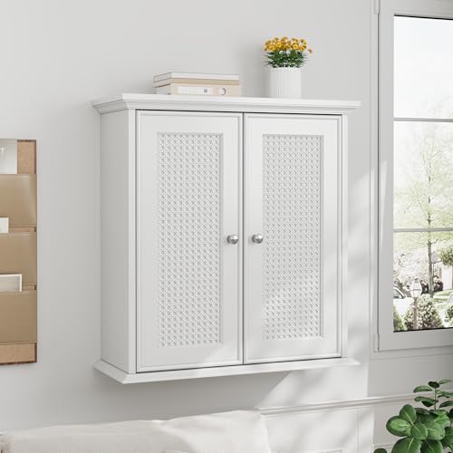 Smuxee Gabinete de baño blanco montado en la pared con puertas de ratán, botiquín de baño con estante ajustable, armario de pared de baño sobre inodoro para lavandería, cocina
