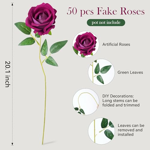Image of INSPRING 50 PCS Magenta Roses Artificial Flowers with Long Stems | Real Looking, Fake Roses, Silk Flowers, DIY Bouquet, Wedding Party Celebration Home Bridal Decoration Gift, for Her Wife