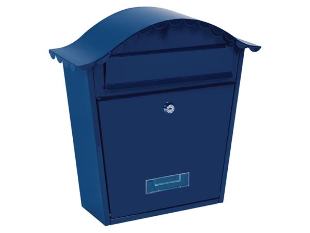 Perel Boîte aux Lettres Murale extérieure Paris Bleue avec Porte-nom et Serrure, boîte aux Lettres en Acier galvanisé avec 2 clés et Accessoires de Fixation, Toit Arrondi, résistante aux intempéries