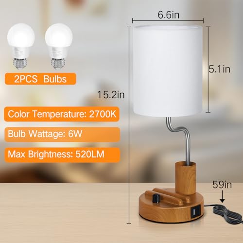 OUTON Bedside Table Lamps Set of 2 – Stepless Dimmable Nightstand Light with Linen Shade, USB-A & USB-C Ports, Phone Stand & Pen Holder, 2700K Warm LED Bulb Included, for Bedroom, Dorm, Office, Wood - Image 4