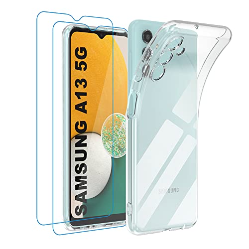 Garegce Coque Samsung Galaxy A13 5G + 2 x Verre Trempé Protection écran, Transparente Ultra Fine Coque Samsung A13, Silicone TPU Souple Housse Galaxy A13 5G 2022-6.6 Pouces - Transparente Cover