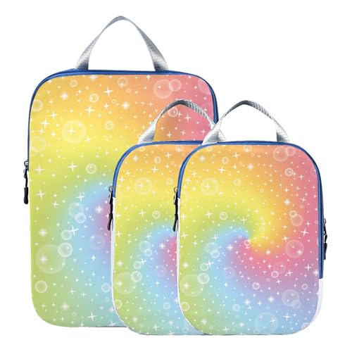 Kompressions-Verpackungswürfel für Koffer, Regenbogenfarben, Märchen, Magie, Glitzer, Sterne, 3 Packwürfel für Rucksack, Reiseutensilien, Gepäck-Organizer, Taschen-Set