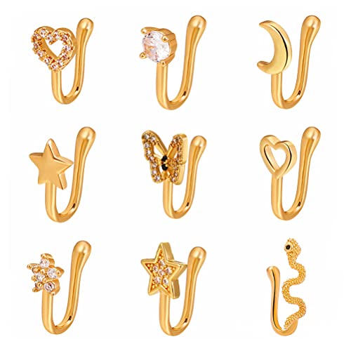 Sither 9 Pieces Nose Rings Cuff For Women And Men Faux Nose Rings Clip Non Piercing Fake Nose Rings Pack Body Piercing Jewelry For Gift (Gold) #TOP1