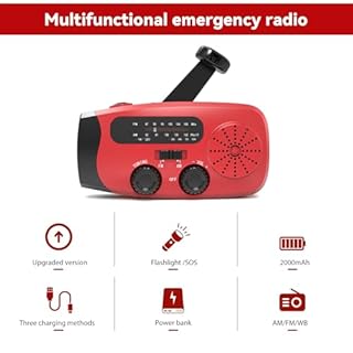 Radio d'urgence avec alimentation solaire/manivelle, radio solaire 2000mAh, alarme SOS, AM/FM/WB, lampe de poche LED (700LM), IPX4 étanche pour camping en plein air et préparation aux crises