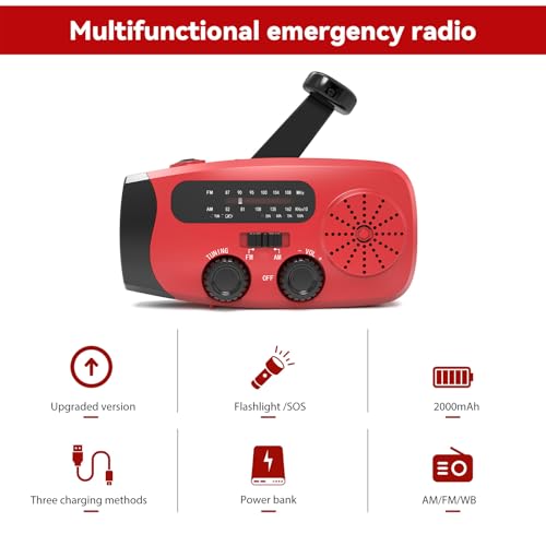 Radio d'urgence avec alimentation solaire/manivelle, radio solaire 2000mAh, alarme SOS, AM/FM/WB, lampe de poche LED (700LM), IPX4 étanche pour camping en plein air et préparation aux crises – Image 3