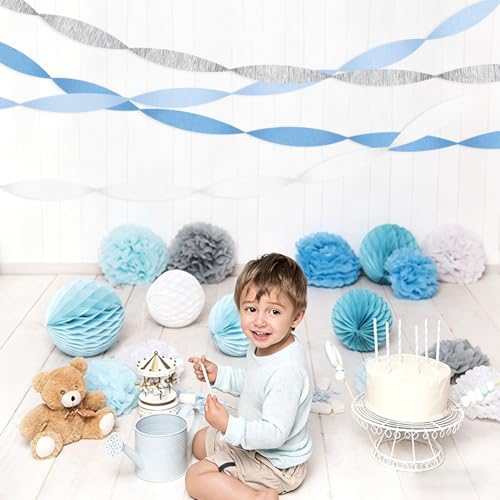 Image of Light-Dusty Blue White-Silver Party-Decorations Streamers - 8 Rolls Birthday Graduation 2026 Baby Bridal Shower Crepe Tissue Paper Streamer,Bachelorette Engagement Garland Decor Panduola